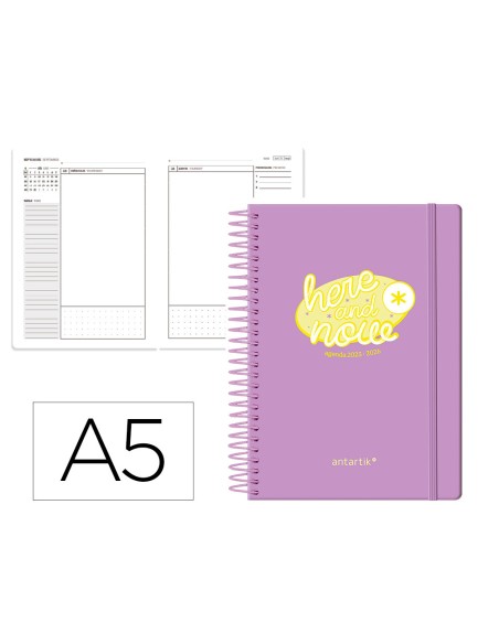 Agenda escolar antartik 25 26 espiral here and now morado dia pagina a5 bilingue papel fsc 80 gr