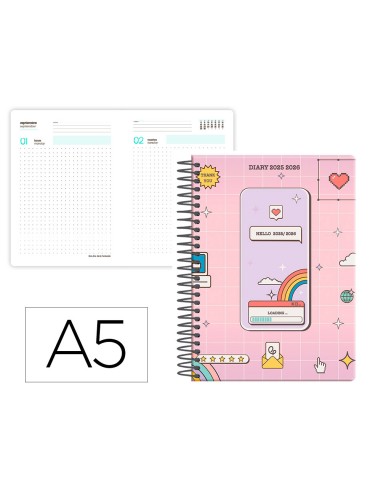 Agenda escolar liderpapel 25 26 espiral pixel rosa dia pagina a5 bilingue papel fsc 80 gr