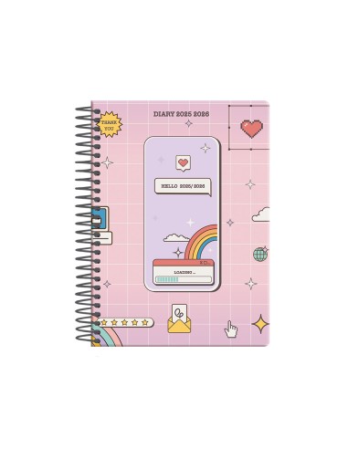 Agenda escolar liderpapel 25 26 espiral pixel rosa dia pagina a5 bilingue papel fsc 80 gr