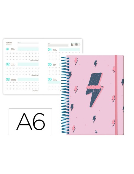 Agenda escolar liderpapel 25 26 espiral patterns rayos rosa semana vista a6 bilingue papel fsc 80 gr