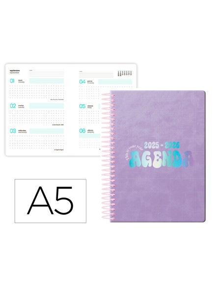 Agenda escolar liderpapel 25 26 espiral kymolos dia pagina a5 bilingue papel fsc 80 gr