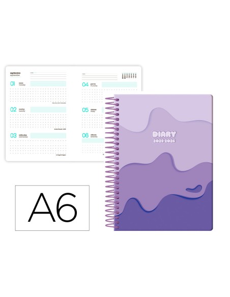 Agenda escolar liderpapel 25 26 espiral melting morado semana vista a6 bilingue papelfsc 80 gr