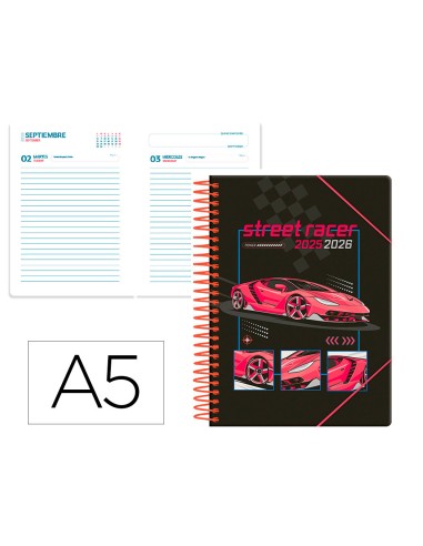 Agenda escolar liderpapel 25 26 espiral cars rojo dia pagina a5 bilingue papel fsc 80 gr