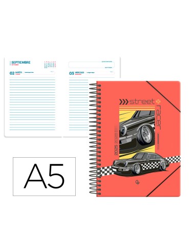 Agenda escolar liderpapel 25 26 espiral cars negro dia pagina a5 bilingue papel fsc 80 gr