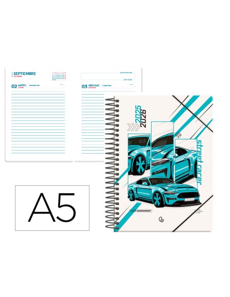 Agenda escolar liderpapel 25 26 espiral cars turquesa dia pagina a5 bilingue papel fsc 80 gr