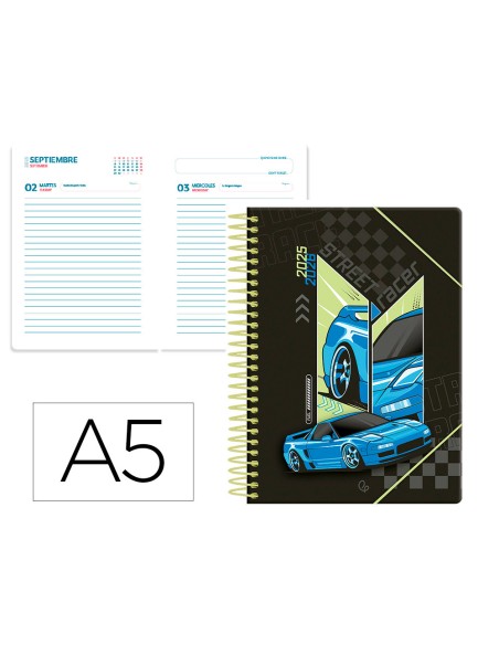 Agenda escolar liderpapel 25 26 espiral cars azul dia pagina a5 bilingue papel fsc 80 gr