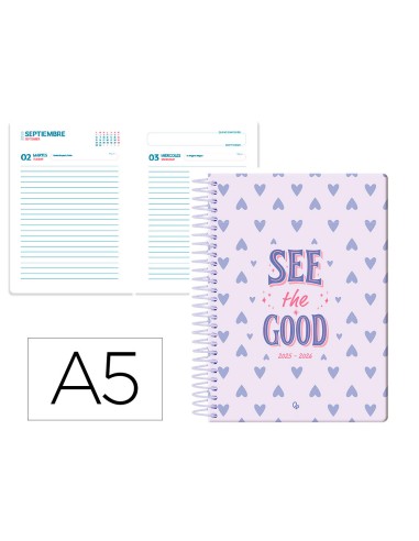 Agenda escolar liderpapel 25 26 espiral petite corazones dia pagina a5 bilingue papel fsc 80 gr