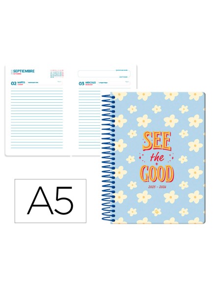 Agenda escolar liderpapel 25 26 espiral petite flores dia pagina a5 bilingue papel fsc 80 gr