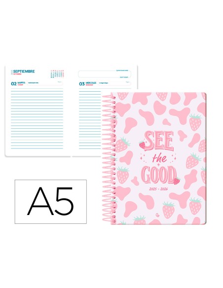Agenda escolar liderpapel 25 26 espiral petite fresas dia pagina a5 bilingue papel fsc 80 gr
