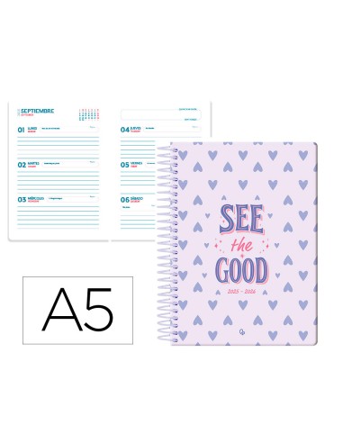 Agenda escolar liderpapel 25 26 espiral petite corazones semana vista a5 bilingue papel fsc 80 gr