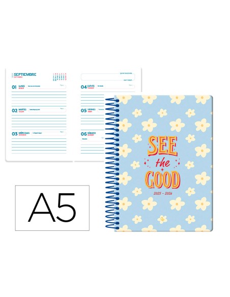 Agenda escolar liderpapel 25 26 espiral petite flores semana vista a5 bilingue papelfsc 80 gr