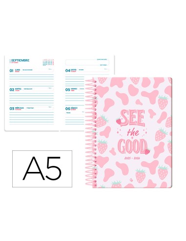 Agenda escolar liderpapel 25 26 espiral petite fresas semana vista a5 bilingue papelfsc 80 gr