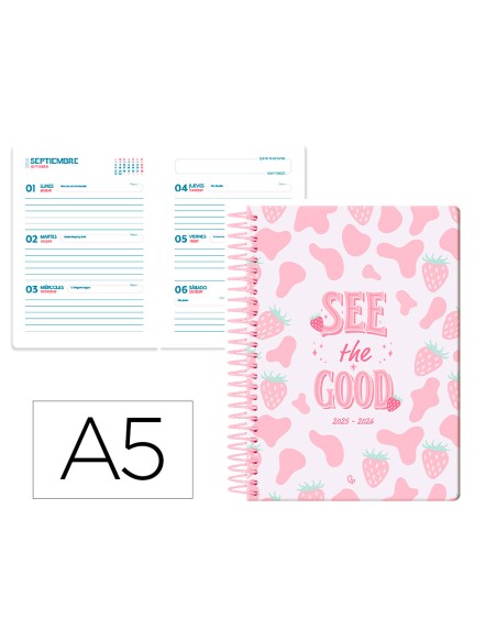 Agenda escolar liderpapel 25 26 espiral petite fresas semana vista a5 bilingue papelfsc 80 gr