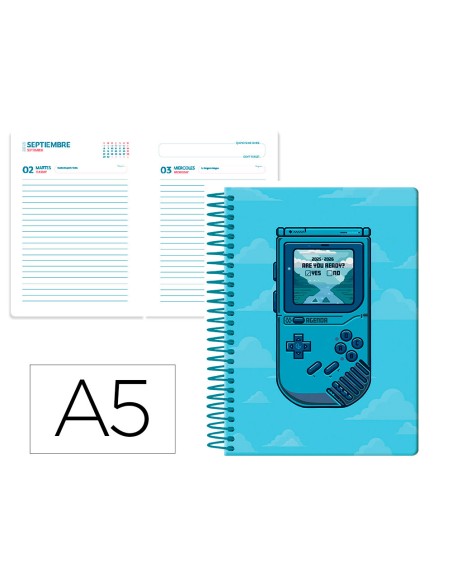 Agenda escolar liderpapel 25 26 espiral game on azul dia pagina a5 bilingue papel fsc 80 gr