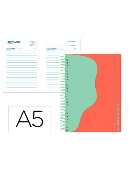 Agenda escolar liderpapel 25 26 espiral waves rojo dia pagina a5 bilingue papel fsc 80 gr
