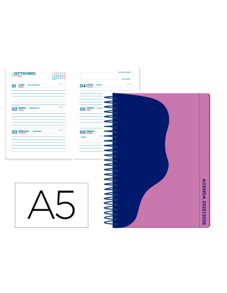 Agenda escolar liderpapel 25 26 espiral waves morado semana vista a5 bilingue papelfsc 80 gr