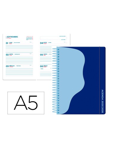 Agenda escolar liderpapel 25 26 espiral waves azul oscu ro semana vista a5 bilingue papel fsc 80 gr