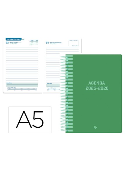 Agenda escolar liderpapel 25 26 espiral classic verde dia pagina a5 bilingue papel fsc 70 gr