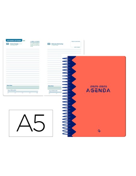 Agenda escolar liderpapel 25 26 espiral classic rojo dia pagina a5 bilingue papel fsc 70 gr