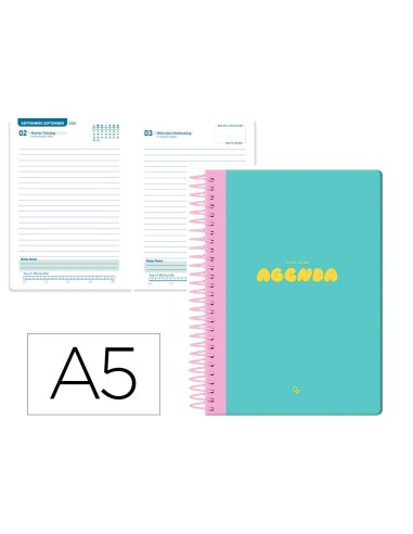 Agenda escolar liderpapel 25 26 espiral classic azul turquesa dia pagina a5 bilingue papel fsc 70 gr