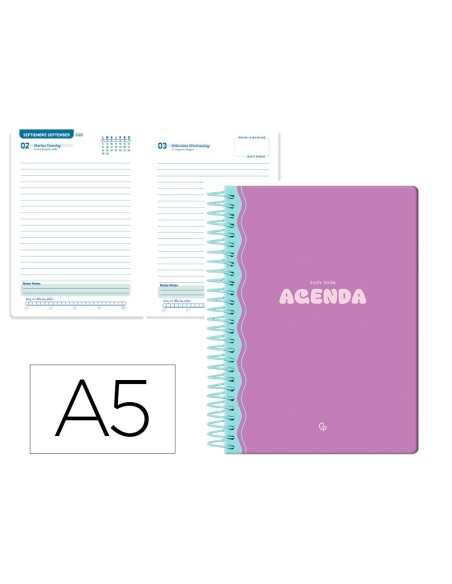 Agenda escolar liderpapel 25 26 espiral classic morado dia pagina a5 bilingue papel fsc 70 gr