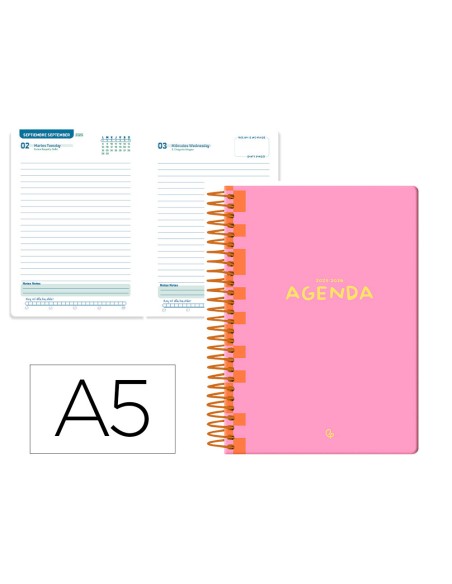 Agenda escolar liderpapel 25 26 espiral classic rosa diapagina a5 bilingue papel fsc 70 gr