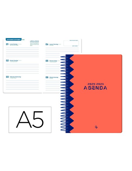 Agenda escolar liderpapel 25 26 espiral classic rojo semana vista a5 bilingue papelfsc 70 gr