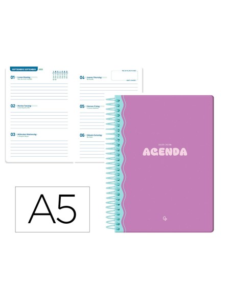 Agenda escolar liderpapel 25 26 espiral classic morado semana vista a5 bilingue papelfsc 70 gr 70 gr