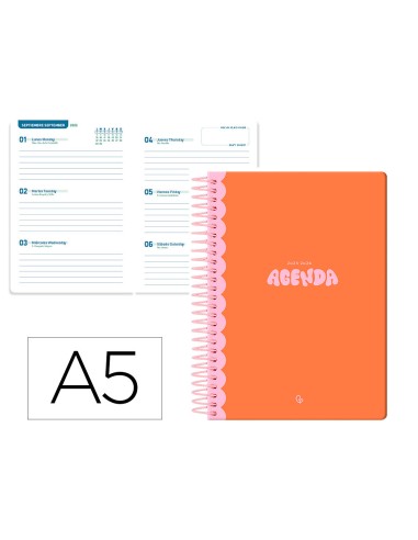 Agenda escolar liderpapel 25 26 espiral classic naranja semana vista a5 bilingue papelfsc 70 gr