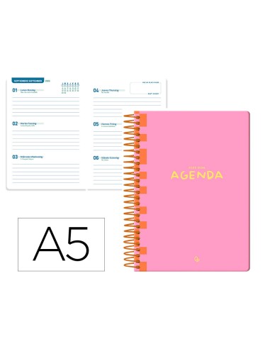 Agenda escolar liderpapel 25 26 espiral classic rosa semana vista a5 bilingue papelfsc 70 gr
