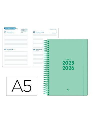 Agenda escolar liderpapel 25 26 espiral basic verde menta 2 dias pagina a5 bilingue papel fsc 70 gr