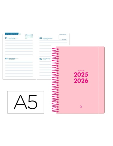 Agenda escolar liderpapel 25 26 espiral basic rosa 2 dias pagina a5 bilingue papel fsc 70 gr