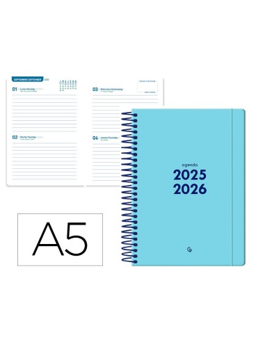 Agenda escolar liderpapel 25 26 espiral basic azul 2 dias pagina a5 bilingue papel fsc 70 gr
