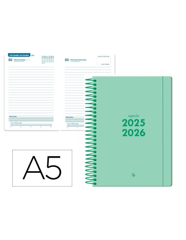 Agenda escolar liderpapel 25 26 espiral basic verde menta dia pagina a5 bilingue papel fsc 70 gr