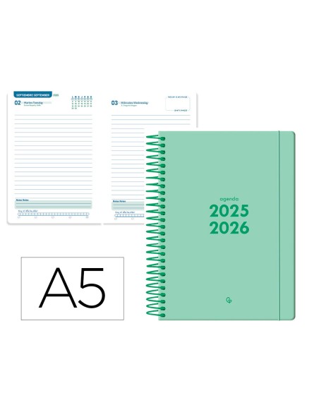Agenda escolar liderpapel 25 26 espiral basic verde menta dia pagina a5 bilingue papel fsc 70 gr