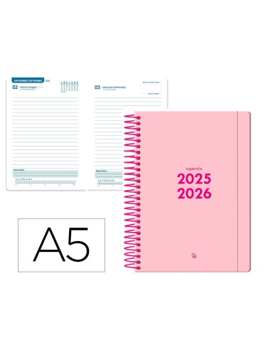 Agenda escolar liderpapel 25 26 espiral basic rosa dia pagina a5 bilingue papel fsc 70 gr