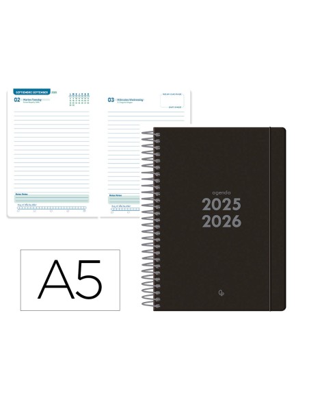 Agenda escolar liderpapel 25 26 espiral basic negro dia pagina a5 bilingue papel fsc 70 gr fsc 70 gr