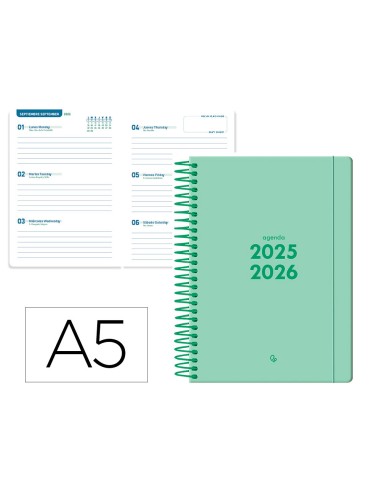 Agenda escolar liderpapel 25 2 6 espiral basic verde menta semana vista a5 bilingue papelfsc 70 gr