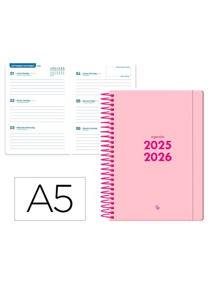 Agenda escolar liderpapel 25 26 espiral basic rosa semana vista a5 bilingue papelfsc 70 gr