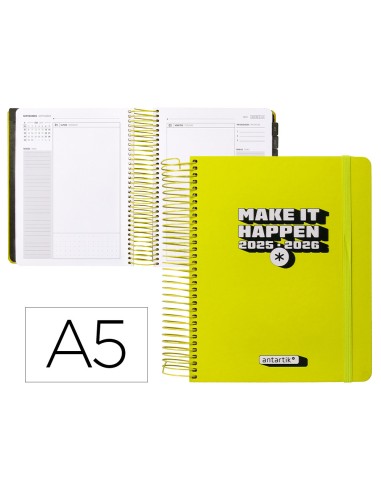 Agenda escolar antartik 25 26 espiral neon amarillo dia pagina a5 bilingue papel fsc 80 gr