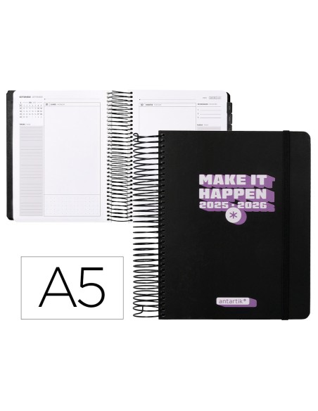 Agenda escolar antartik 25 26 espiral neon negro dia pagina a5 bilingue papel fsc 80 gr