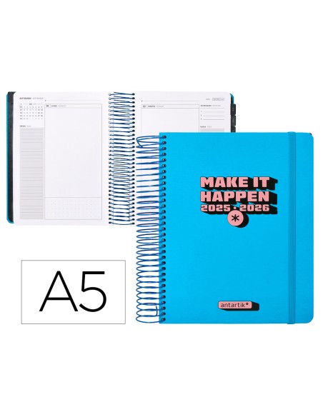 Agenda escolar antartik 25 26 espiral neon azul dia pagina a5 bilingue papel fsc 80 gr