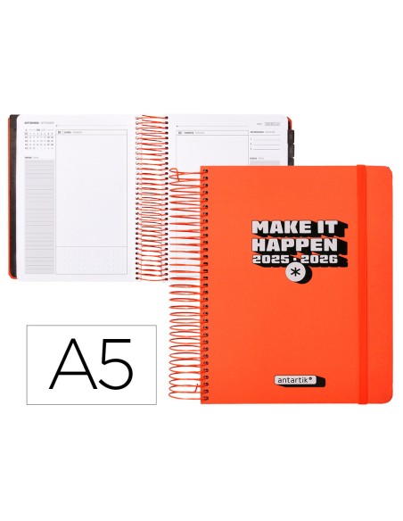 Agenda escolar antartik 25 26 espiral neon rosa dia pagina a5 bilingue papel fsc 80 gr