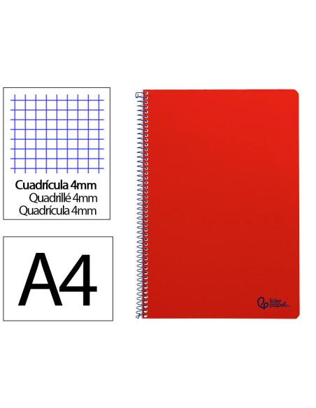 Cuaderno espiral liderpapel din a4 smart tapa blanda 80h 75gr cuadro 4mm con margen color rojo