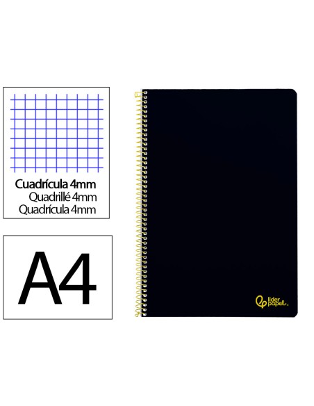 Cuaderno espiral liderpapel din a4 smart tapa blanda 80h 75gr cuadro 4mm con margen color negro