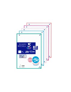 Recambio oxford din a4 20050 hojas gratis cuadro 5 mm 4 taladros con banda 5 colores pastel