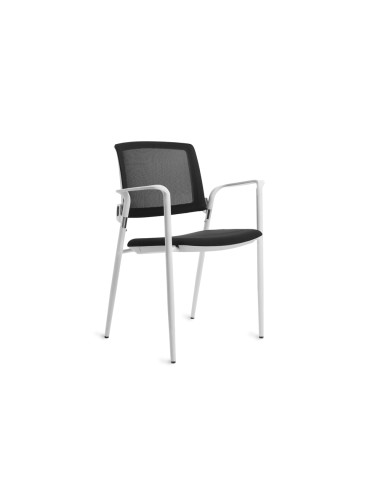 Silla rocada confidente brazos fijos estructura metalica blanca asiento tela ignifuga respaldo de malla