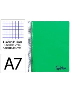 Cuaderno espiral liderpapel a7 micro wonder tapa plastico 100h 90gr cuadro 5mm 4 bandas color verde oscuro