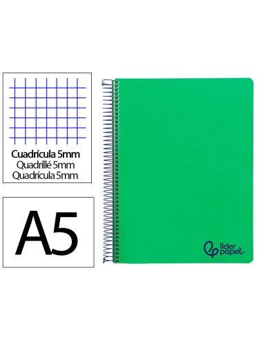 Cuaderno espiral liderpapel a5 micro wonder tapa plastico 120h 90gr cuadro 5mm 5 bandas 6 taladros color verde oscuro