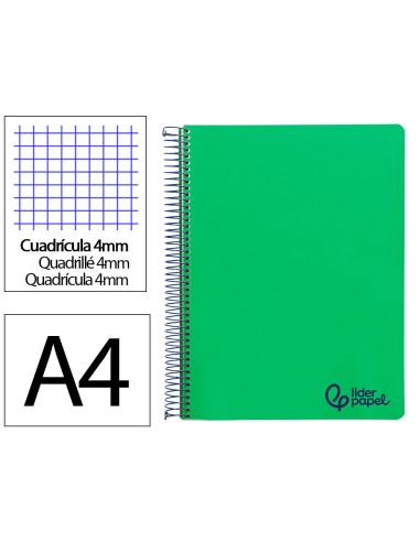 Cuaderno espiral liderpapel a4 wonder tapa plastico 80h 90gr cuadro 4mm con margen color verde oscuro